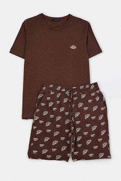 Trendyol Collection Brown Regular Fit Croissant Printed Knitted Pajama Set Tm...