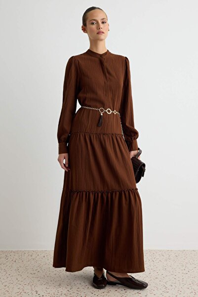 Trendyol Modest Brown Chain Belt Detailed Textured Fabric Princess Sleeve Max...