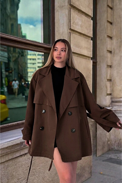 Modark Γυναικεία καμπαρντίνα διπλού στήθους με ζώνη σε απόχρωση Bitter Brown ...