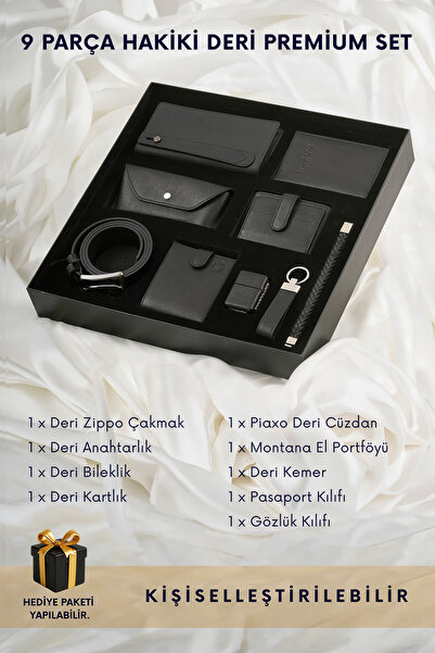 CüzCan 9 Parça Hakiki Deri Siyah Premium Kişiye Özel Erkek Hediye Seti - Baba...