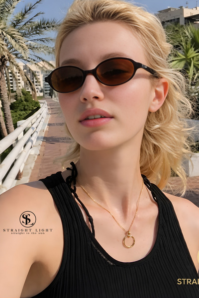 Straight Light Women's Retro Oval Sunglasses Black Frame Brown Lenses Gold Me...