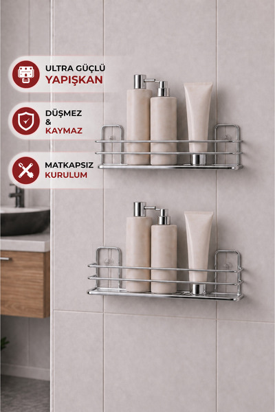 Sas Haus Yapışkanlı Banyo Düzenleyici Şampuanlık Duş Rafı 2 Adet Krom Tş-01