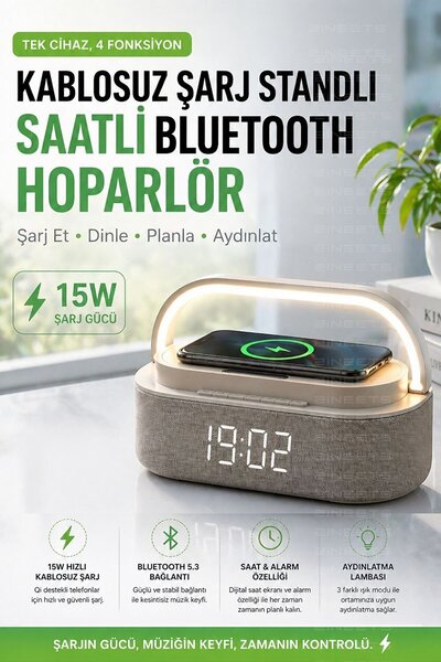 Zineets Kablosuz Şarj Standlı Saatli Işıklı Bluetooth Hoparlör Speaker Çalar ...
