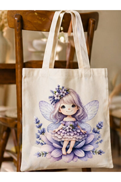 OEM Βαμβακερή τσάντα tote 41x36 εκ., Σχέδιο DTF με εκτύπωση Νεράιδας Λεβάντας