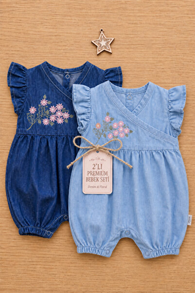 MYZİ STORE Βρεφική φόρμα τζιν για κορίτσια με κεντημένα μανίκια με βολάν και ...