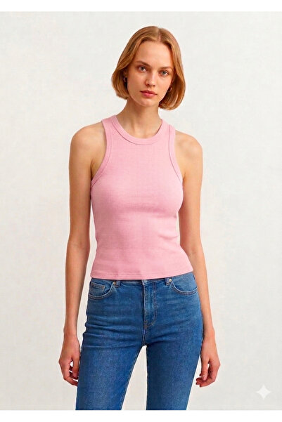 GIFT by CA Kadın Pudra Fitilli T-shirt Halter Yaka Atlet Body Basics Kolsuz R...