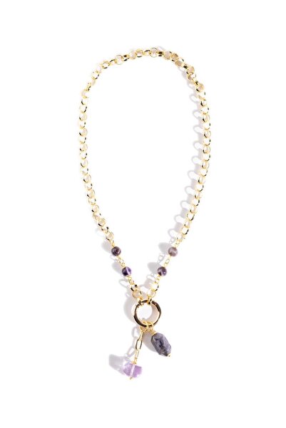 Jimmy Key Gold Color Double Natural Stone Detailed Necklace