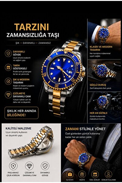 Love The Wind Sports Men's Wristwatch - Silver Gold Band & Blue Dial