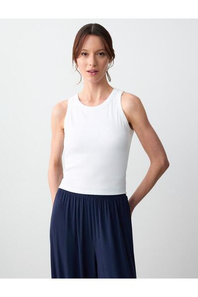 Jimmy Key Tricou alb cu gât rotund, croială dreaptă, fără mâneci, tricotat