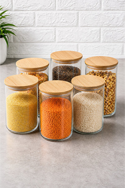 PLT Design 6'lı Bambu Kapaklı Vakumlu Cam Kavanoz - Baharat Takımı 1000 ml Et...