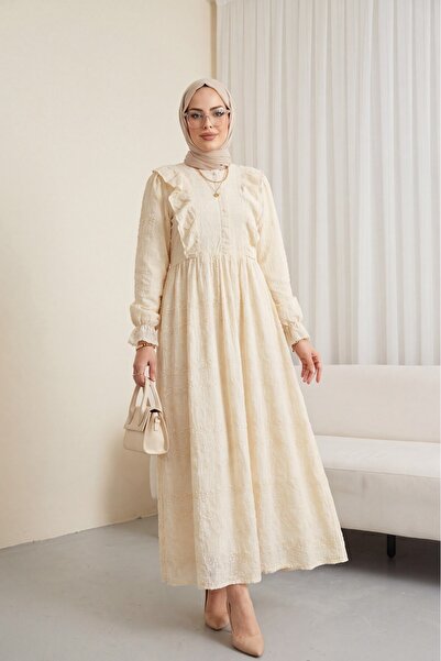 Modamorfo Round Neck Half-Zip Ruffle Lined Brode Dress -Ecru