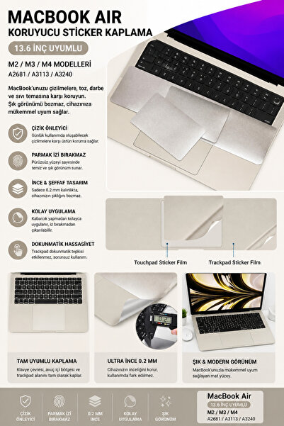 Mcstorey MacBook Air M2-M3-M4 Kılıf 13.6 inç Sticker Kaplama A2681 A3113 A324...