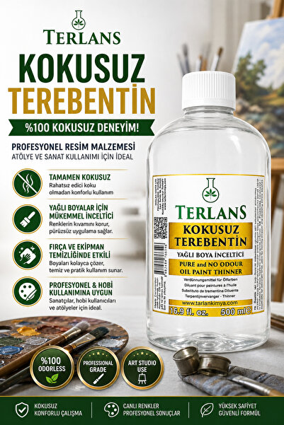 Terlans Kokusuz Terebentin 500 ml Tamamen Kokusuz Yağlı Boya Inceltici Temizl...