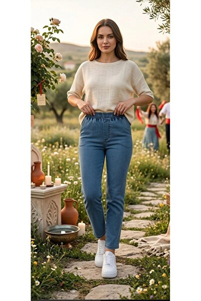 GÜLİZİM BUTİK Kadın Kot Pantolon  Beli Lastikli  Yüksek Bel  Likralı  Büyük-K...