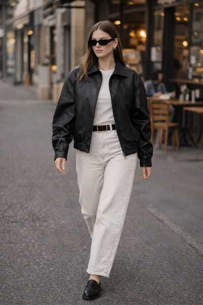 IJAN GiYiM KADIN OVERSIZE BOMBER DERİ CEKET