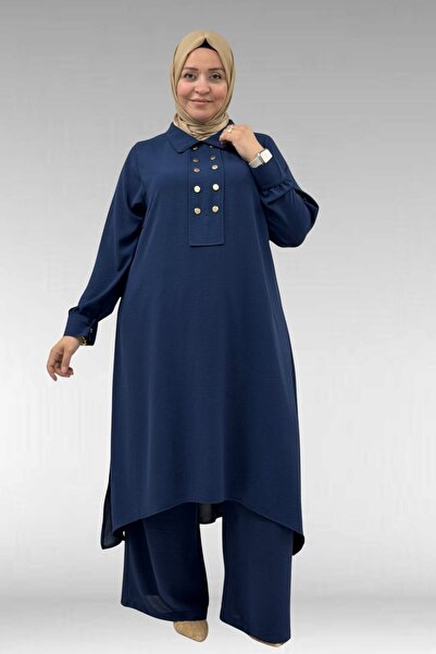 Eslina 57023 plus size suit with fake snap-on pants - navy blue