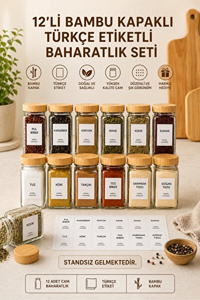 Keyfi Sepet 12’li Bambu Kapaklı Cam Baharatlık Seti – Etiketli, Şık ve Sızdır...