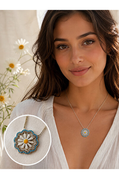 TrendimAksesuar Daisy Figured Stone Detailed Stainless Steel Women's Necklace