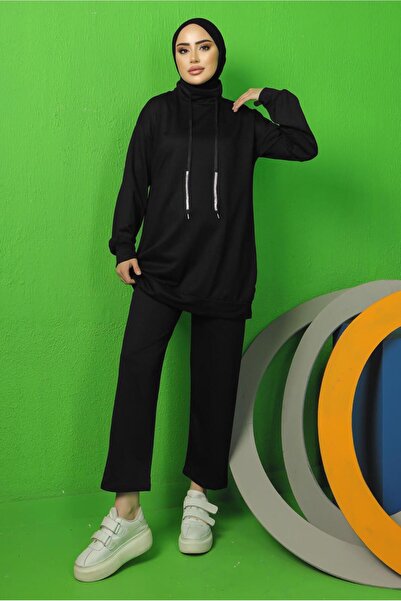 TRENDTESETTÜR KADIN SİYAH BAĞCIK DETAYLI PANTOLONLU EŞOFMAN TAKIM T 0143