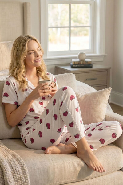 Roza Pijama Beyaz Üzerine Pembe Çilek Desenli Kadın Pijama Takımı ROZA017