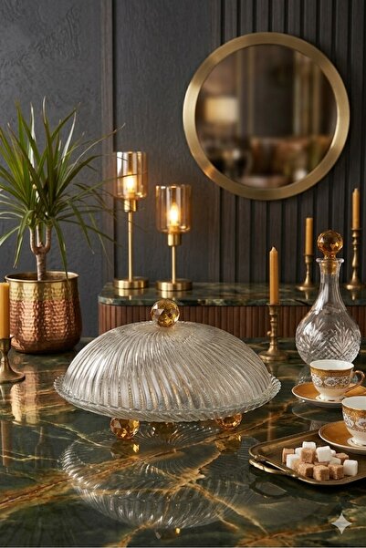 La Micellar Rocher Honey Crystal Footed Cake Jar Plate & Glass Cake Pastry Fo...