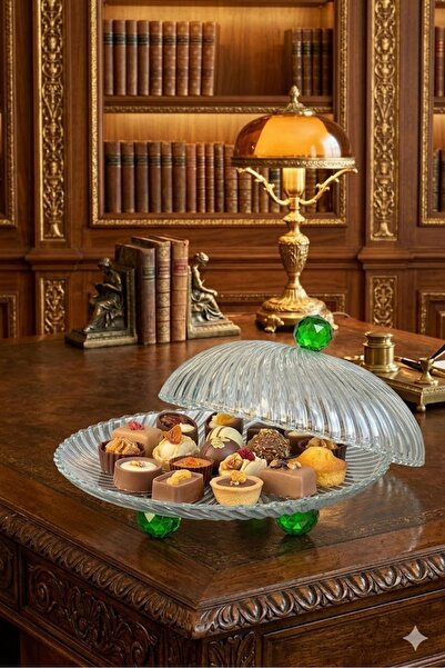 La Micellar Rocher Green Crystal Footed Cake Jar Plate & Glass Cake Pastry Fo...