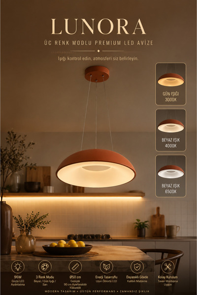 Elvora Home Modern (PREMİUM) 3 Farklı Renk Modu Sarkıt Avizesi 96W LED Ayarlı...