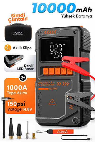 auhma A8822 4-in-1 Akıllı Akü Takviye Cihazı ve Hava Pompası - 10000mAh Power...