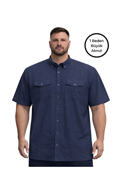 BattalModa Erkek Büyük Beden Lacivert Çift Cepli Kısa Kollu Gömlek 3XL-4XL-5X...