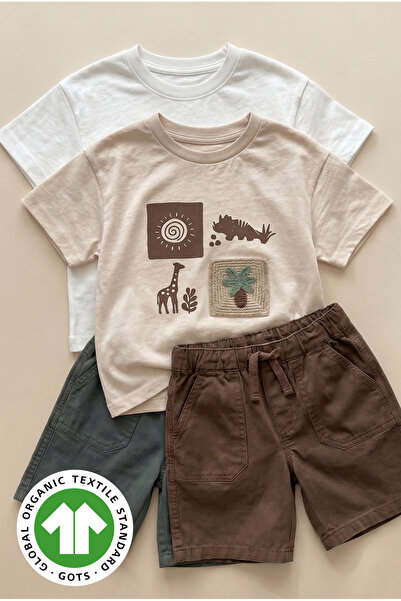 Mtcbaby %100 Pamuk Gabardin Şortlu Dinosours Takım 3-7 Yaş Bej