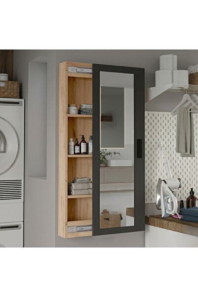 Yurupa Luna 4 Raflı Sürgülü Aynalı Banyo Dolabı Çok Amaçlı Dolap Sepet-Antras...