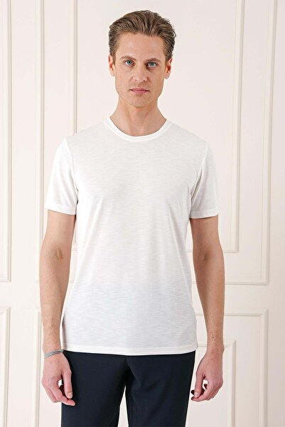 Efor Slim Fit Bisiklet Yaka Doku Desenli Pamuklu Ekru Tişört Ts 881