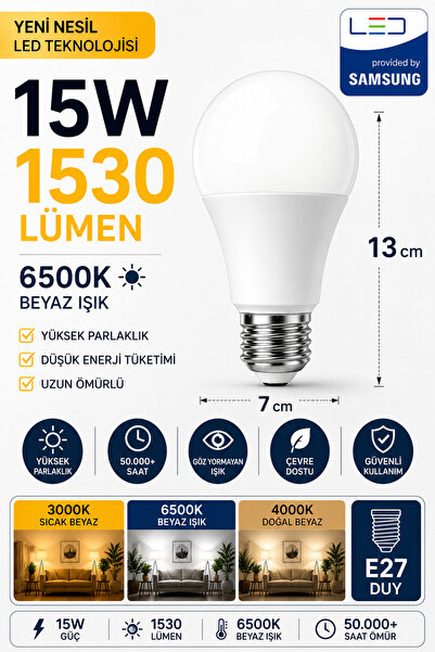 Aryes 15W LED Ampul 6500K Beyaz Işık E27 Duy Yüksek Aydınlık