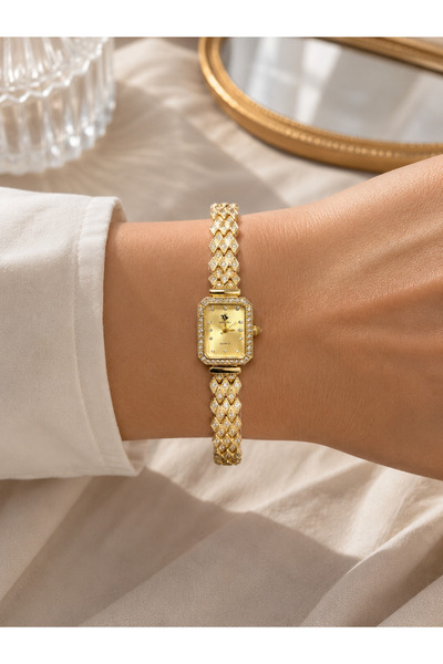 Boris Accessory ساعة نسائية ذات هيكل مستطيل ذهبي اللون وسوار حجري بتصميم أنيق