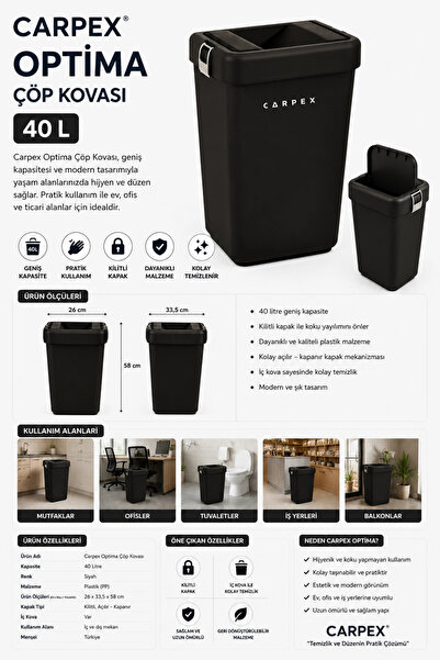 Carpex Optima Siyah Çöp Kovası 40 L 26x33,5x58 cm