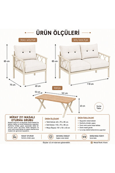 UFUK HOME Miray Krem 211 Masalı Bej Fermuarlı Düğmeli Bahçe Oturma Grubu Balkon Oturma Takımı Salon Teras