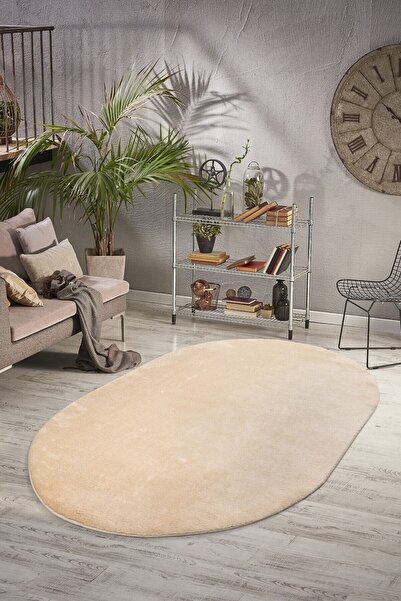 Valery Home Oval Comfort Overloklu Peluş Halı Bej