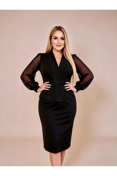 Şirin Butik Ženska crna večernja haljina veće veličine sa jaknastim ovratniko...