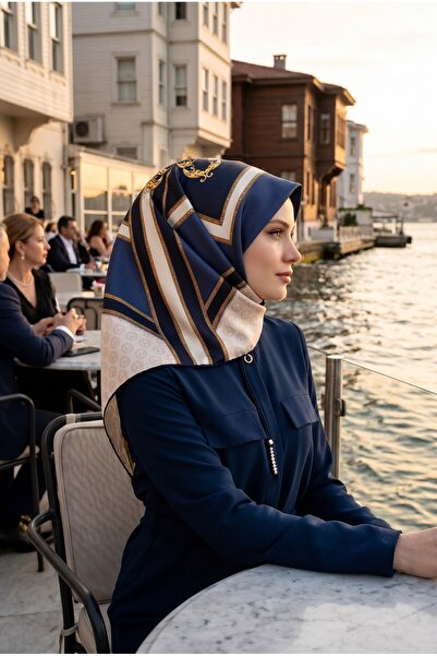 Vissona %100 Twill İpek Monogram ve Barok Desenli Lacivert - İndigo Renkli 90...