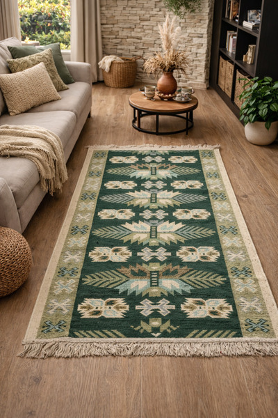 OEM Covor tradițional din iută, dimensiune 80 x 125 cm, verde și crem