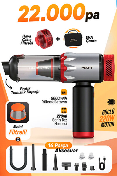 Matt Authentic Craftsman MATT MCV22 Şarjlı Araç Süpürgesi Kırmızı 22.000Pa Gü...
