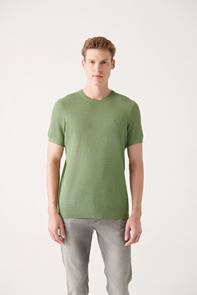 Avva Men's Water Green Soft Touch Modal Crew Neck Textured Knitwear Regular F...