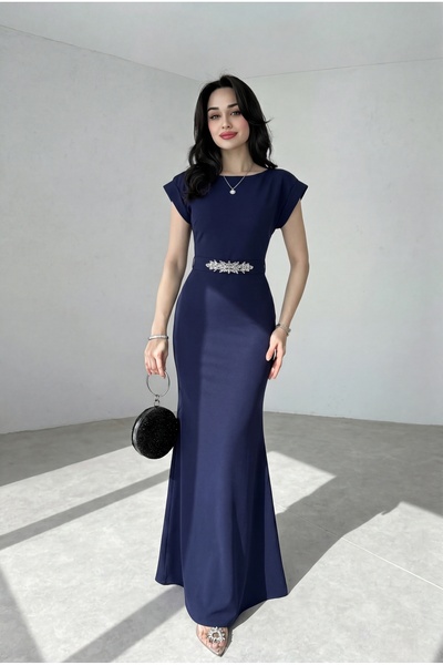 ALFUDO Moda Collection Kısa Kol Volanlı Taş Detaylı Kemerli Uzun Mezuniyet Ab...