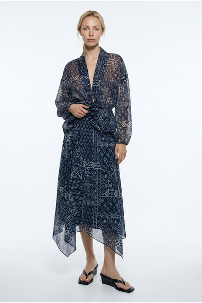 Quzu Ethnic Patterned Asymmetrical Midi Skirt Navy Blue