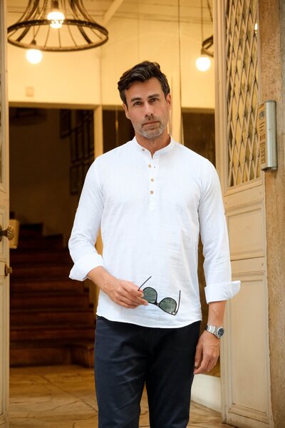 Fitmens Slim Fit Long Sleeve Court Collar Half Placket Men's Shirt with Gift ...
