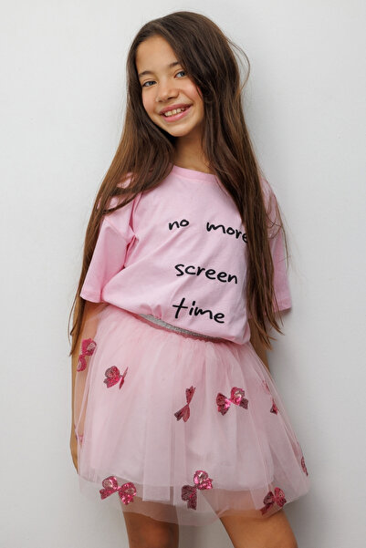 Le Mabelle Pink Short Sleeve Motto Printed Kids T-Shirt