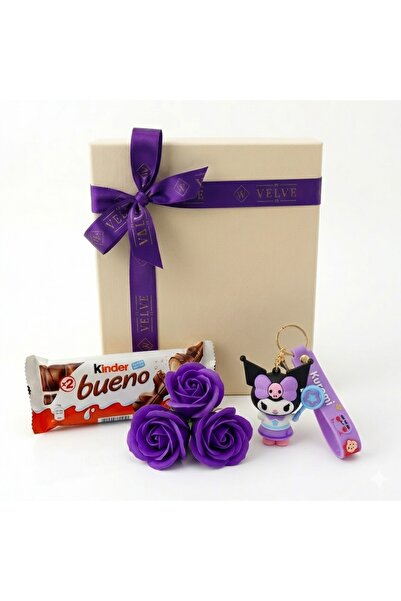 velve Joy Box Kuromi children's set, figurine Keychain , 3 purple soap roses ...