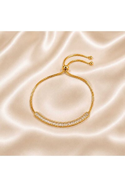 Jewelliss Gold Plated 4*2 mm Zircon Baguette Stone Steel Bracelet with Adjust...