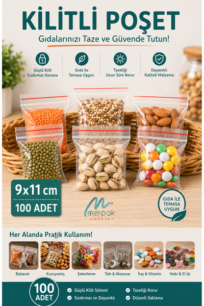 Merpak Ambalaj Kilitli Torba 9x11 Cm 100'lü Şeffaf Kilitli Poşet Kına Çerez Kuruyemiş Poşeti