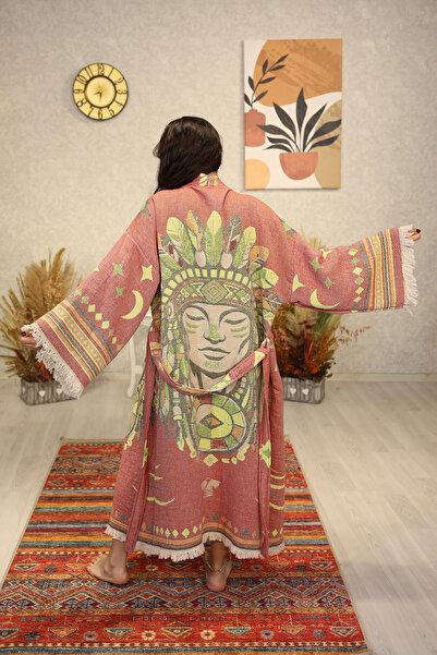 Befera Design Müslin Kimono %100 Pamuklu Kızılderili Desenli Jakarlı Bornoz K...